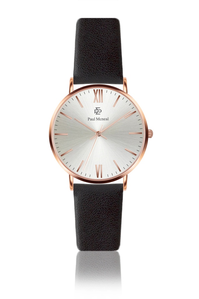 Montre à quartz en cuir Noir et doré rose (MAL-1020R)