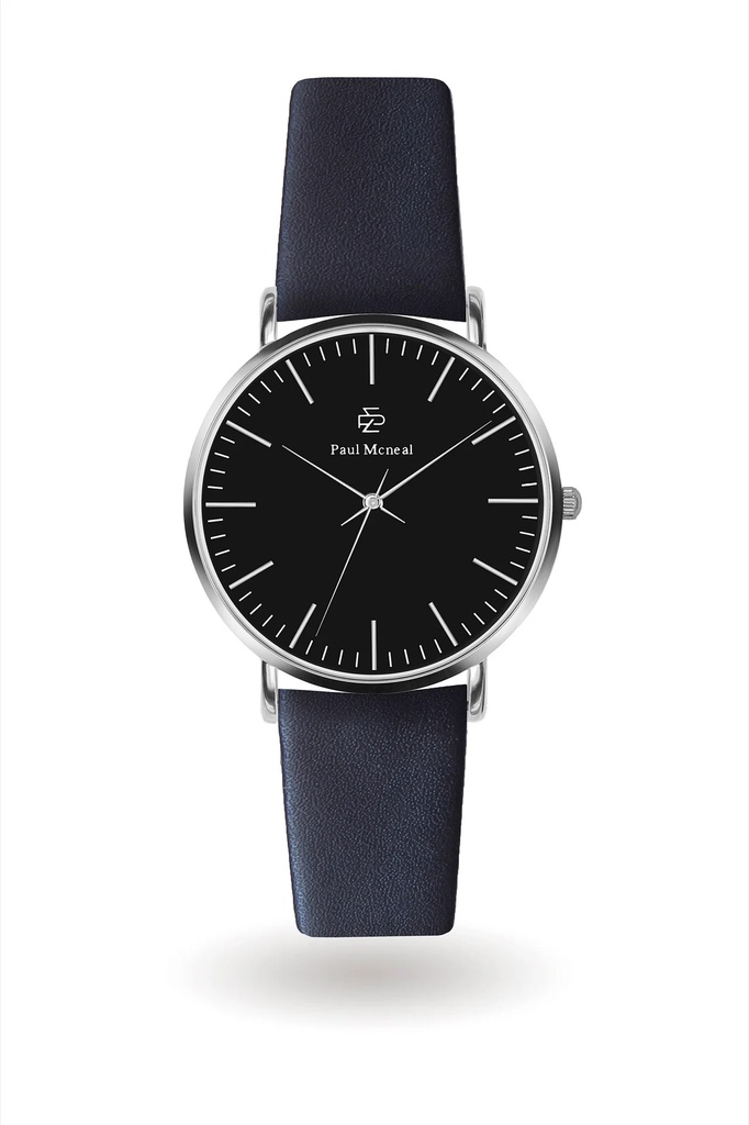 Montre Paul McNeal à quartz en Cuir Bleu Marine Argenté (PAD-7020S)