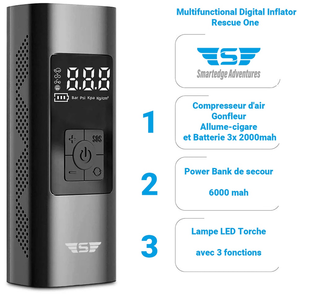 Compresseur d'air, Powerbank, Lampe LED, 6000mah Smartedge Adventures