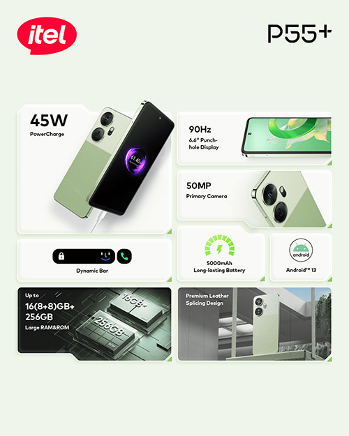 Itel P55+ 16GB(8+8GB)/256GB, 45W, 50MP, 6.6”, Royal Green