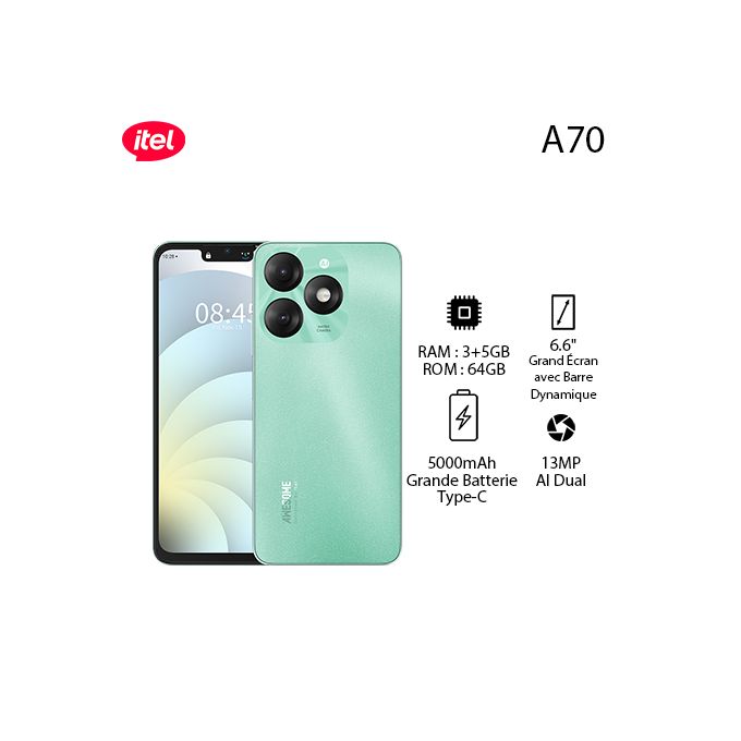 Itel A70 8GB(3+5GB)/64GB, HD+ | 13MP, 6.6” | 5000mAh, Type C | Starlish Black