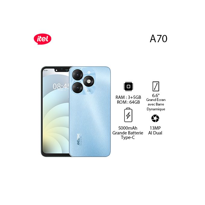 Itel A70 8GB(3+5GB)/64GB, HD+ | 13MP, 6.6” | 5000mAh, Type C | Starlish Black