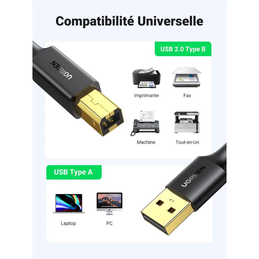 UGREEN Cable Imprimante USB 2.0 A Male vers USB B (10351)