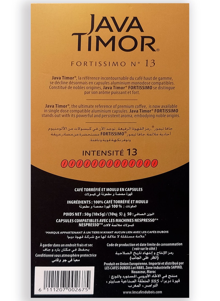 Capsules JAVA TIMOR FORTISSIMO N°13- Boite de 10