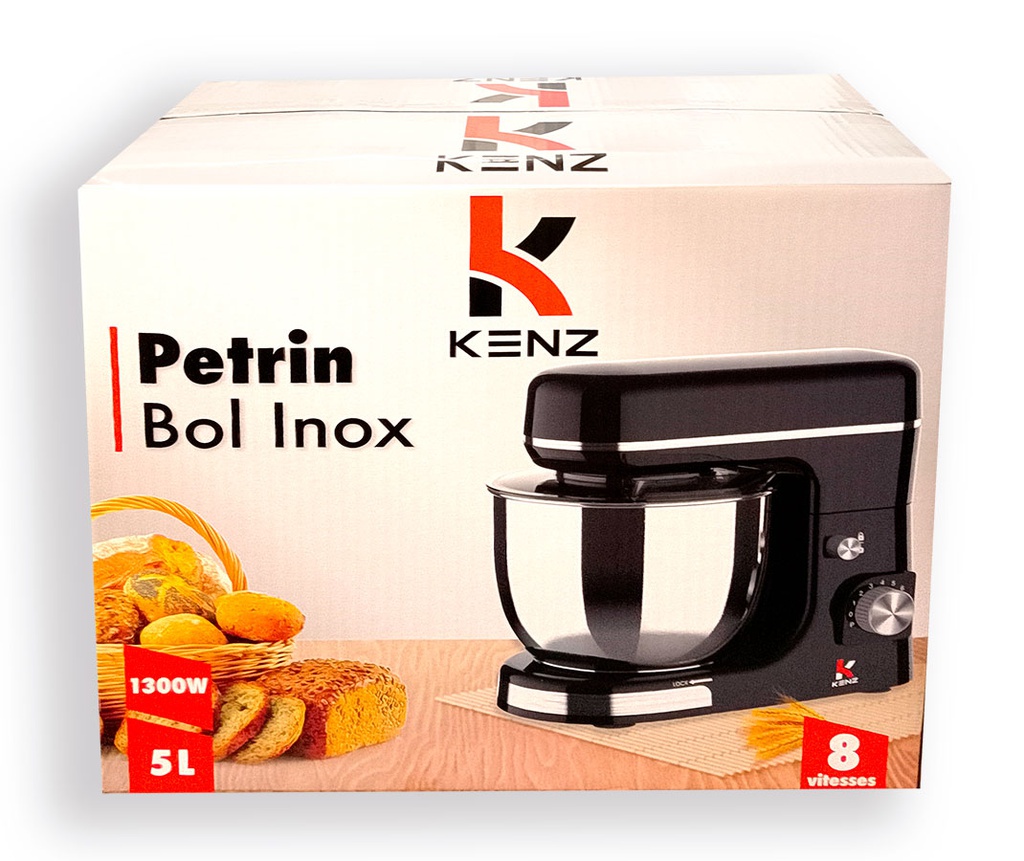 Kenz Robot Cuisine Pétrin avec 6 vitesses + Bol 5L en Inox Noir