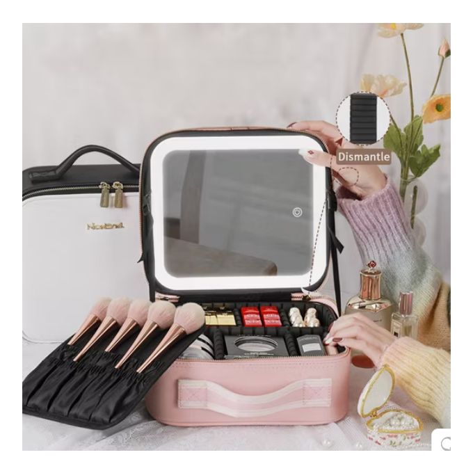 Trousse de maquillage miroir LED, poignées, à partition amovible