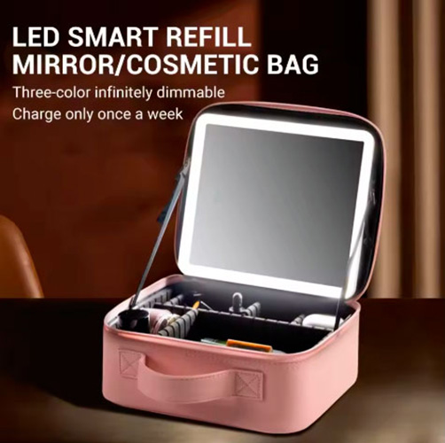 Trousse de maquillage miroir LED, poignées, à partition amovible