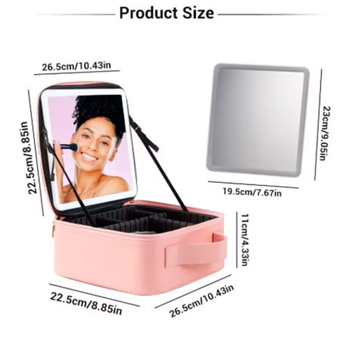 Trousse de maquillage miroir LED, poignées, à partition amovible