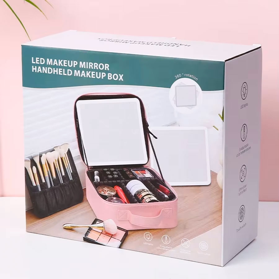 Trousse de maquillage miroir LED, poignées, à partition amovible