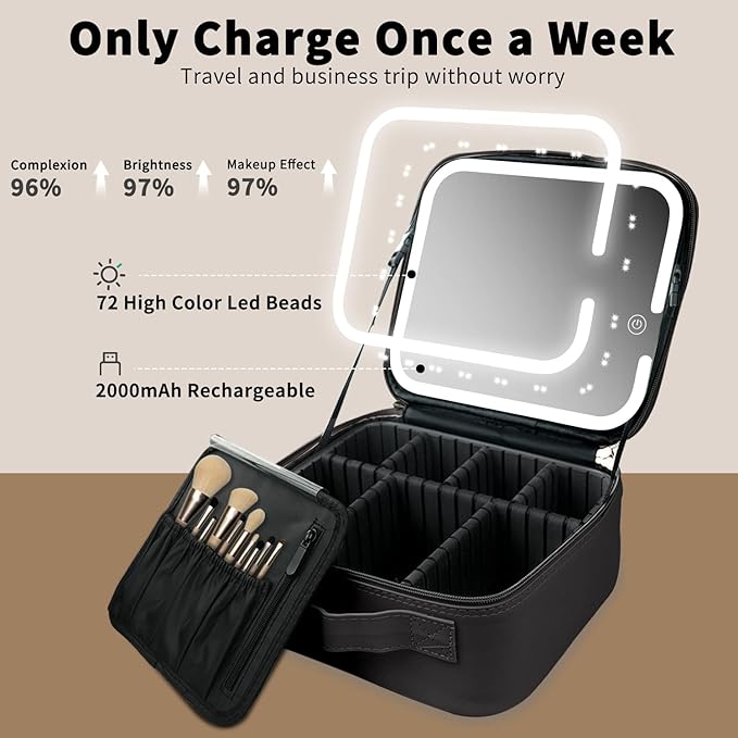 Trousse de maquillage miroir LED, poignées, à partition amovible