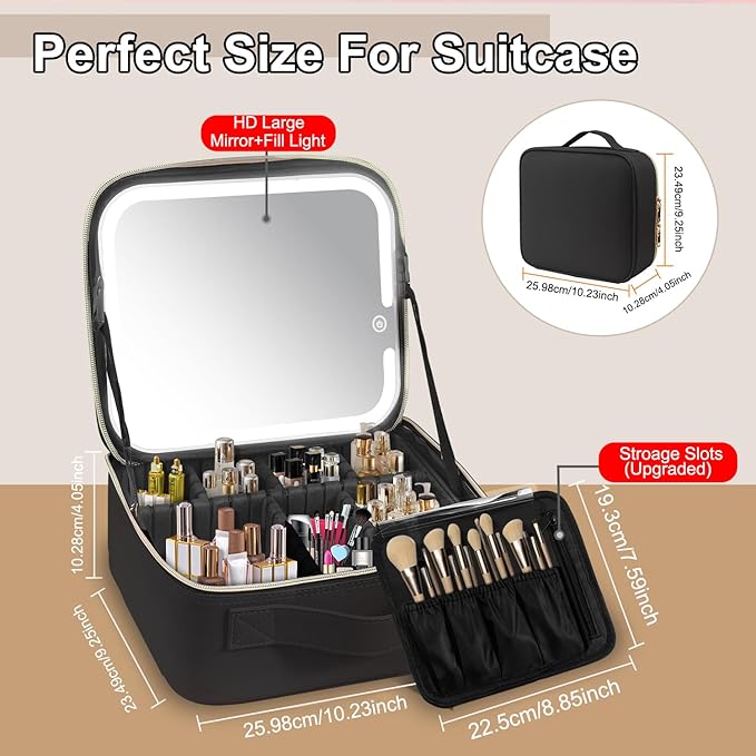 Trousse de maquillage miroir LED, poignées, à partition amovible