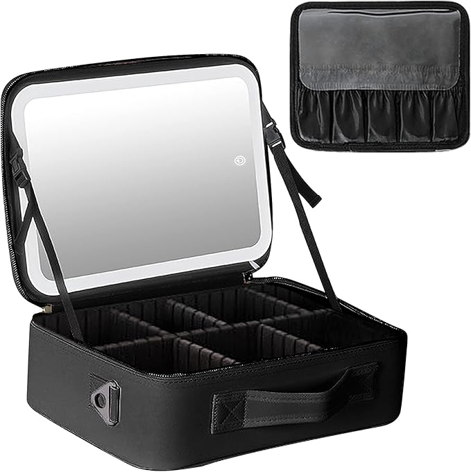 Trousse de maquillage miroir LED, poignées, à partition amovible