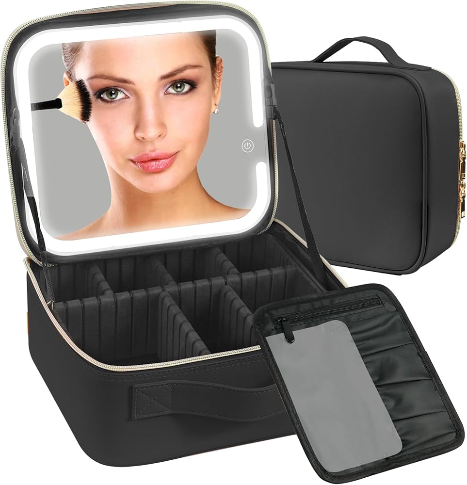 Trousse de maquillage miroir LED, poignées, à partition amovible