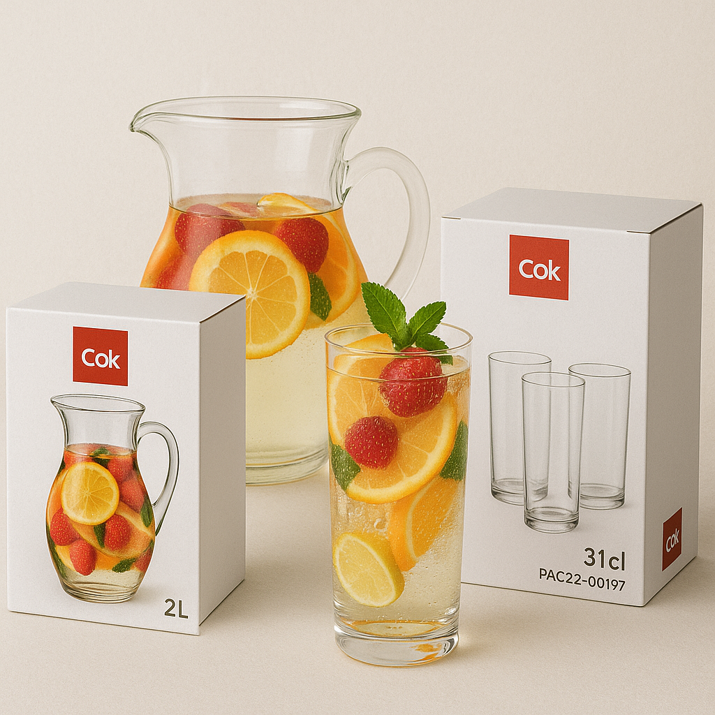Pack carafe en verre 2L + 6 verres TUBO 31 cl