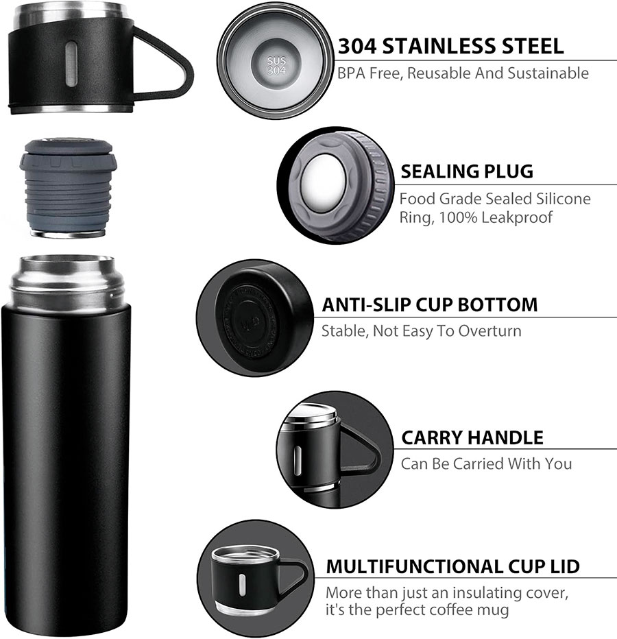Thermos 3 tasses chaud et froid 500 ml - LUXUS bouteille noir