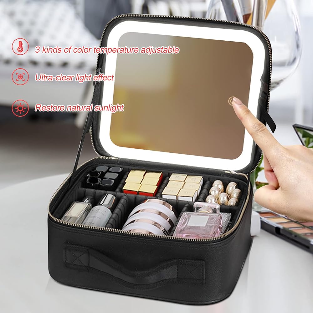 Trousse de maquillage miroir LED, poignées, à partition amovible, noir