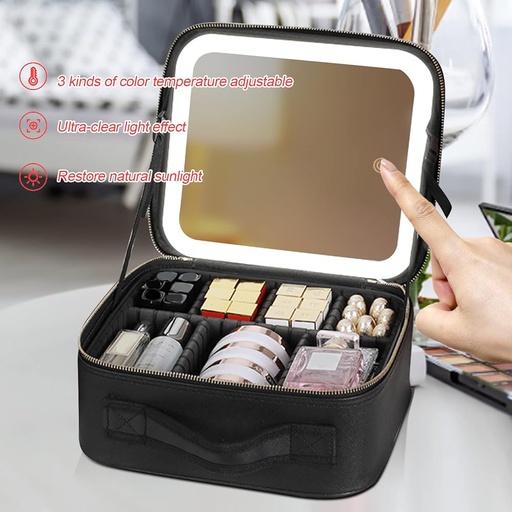 [XR-6620NOIR] Trousse de maquillage miroir LED, poignées, à partition amovible, noir