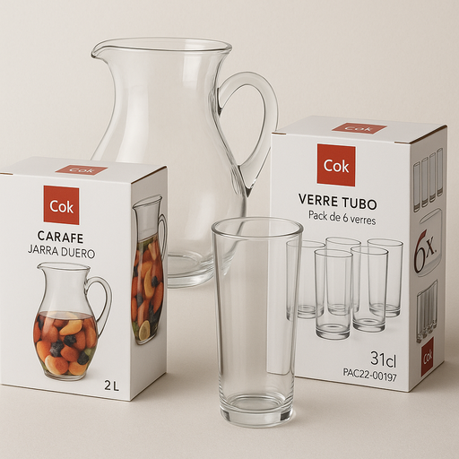 [packcok] Pack carafe en verre 2L + 6 verres TUBO 31 cl